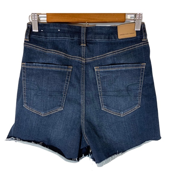 American Eagle Curvy Hi-Rise Shortie Denim Shorts Size 8 Dark Indigo Distressed - Picture 3 of 8